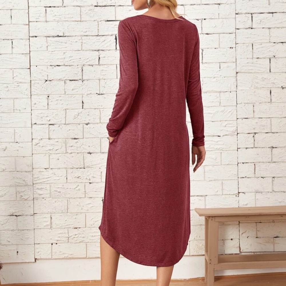 Long sleeve curved hem midi dress POCKETS blue - Picture 8 of 8